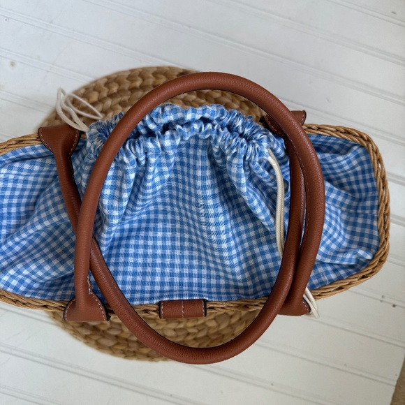 Tommy Bahama Wicker Straw Rattan Purse Natural Color Gingham Blue & White NWOT - Picture 4 of 6